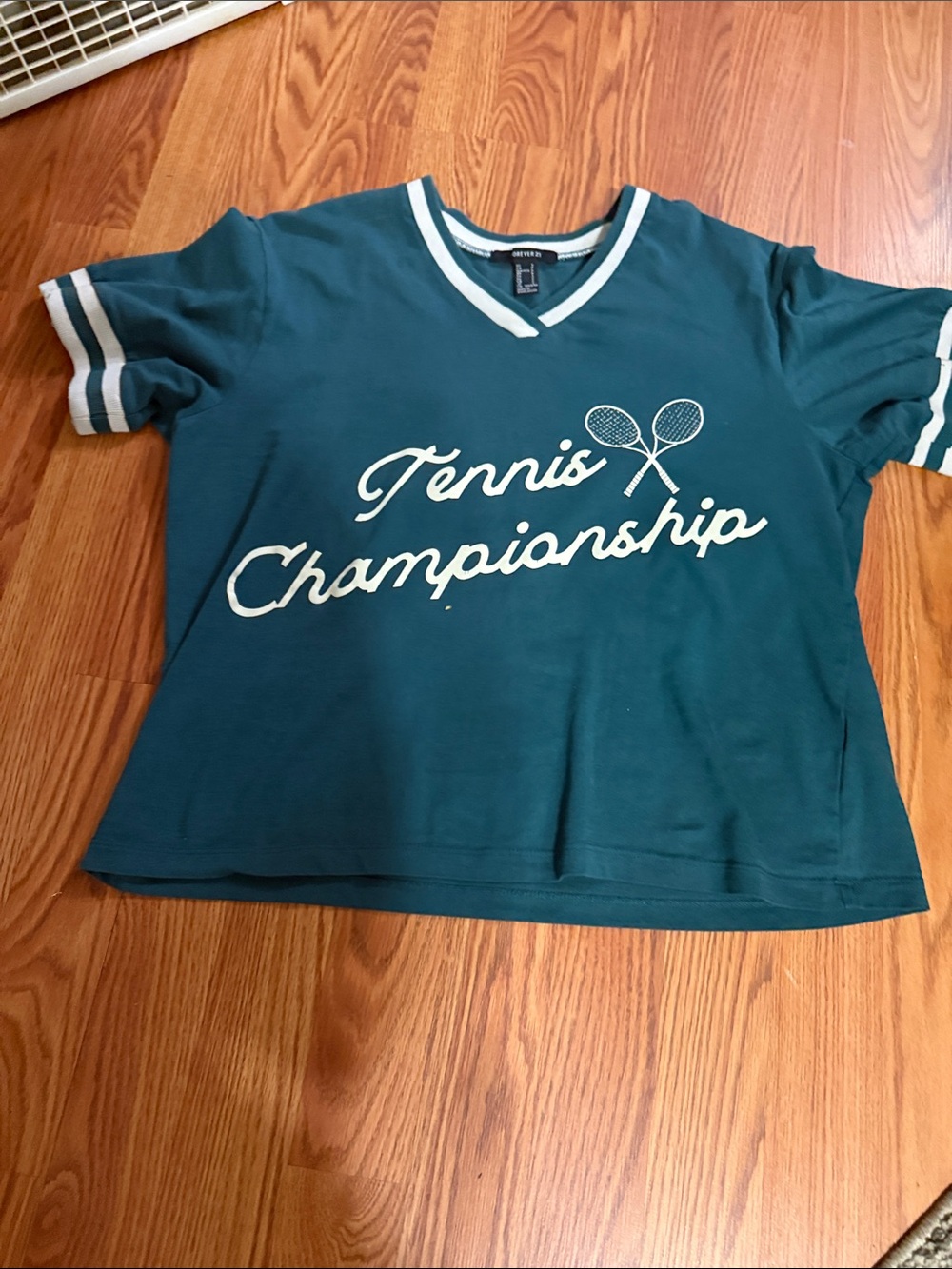 Forever 21 Teal V-Neck 'Tennis Championship' Tee with White Trim